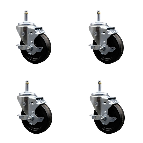 4'' Phenolic Wheel Swivel 7/16'' Grip Ring Stem Caster Set with Brake, 4PK